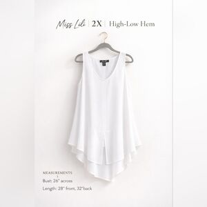 Miss Lili 2X White High Low Tunic Blouse Sleeveless Flowy Top Plus Size